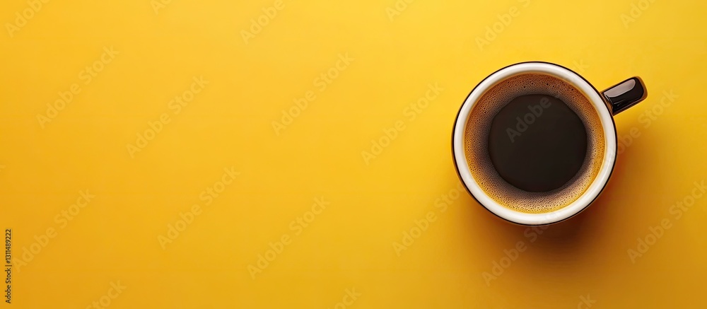 Poster brown coffee cup filled with dark coffee positioned on the upper left of a warm yellow background cr
