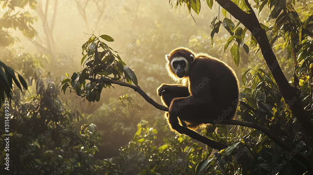 Poster gibbon resting on branch in tranquil rainforest setting