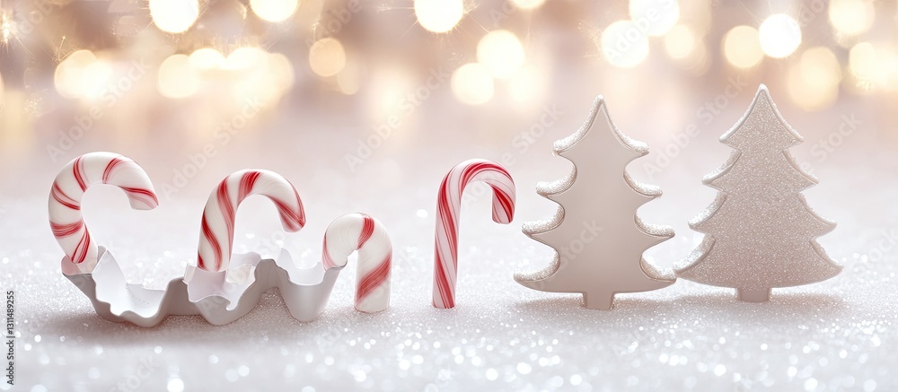 Poster Bright candy cane and Christmas tree cookie cutters on a sparkling white surface with soft bokeh lights in warm tones creating a festive atmosphere