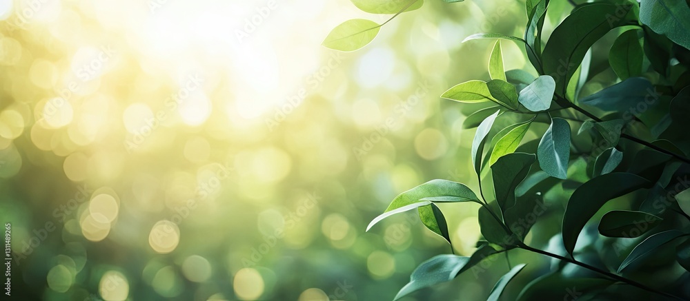 Leinwandbilder Bright green leaves with soft bokeh effect illuminated by daylight create a serene garden background; ideal for illustrations and copy space use.