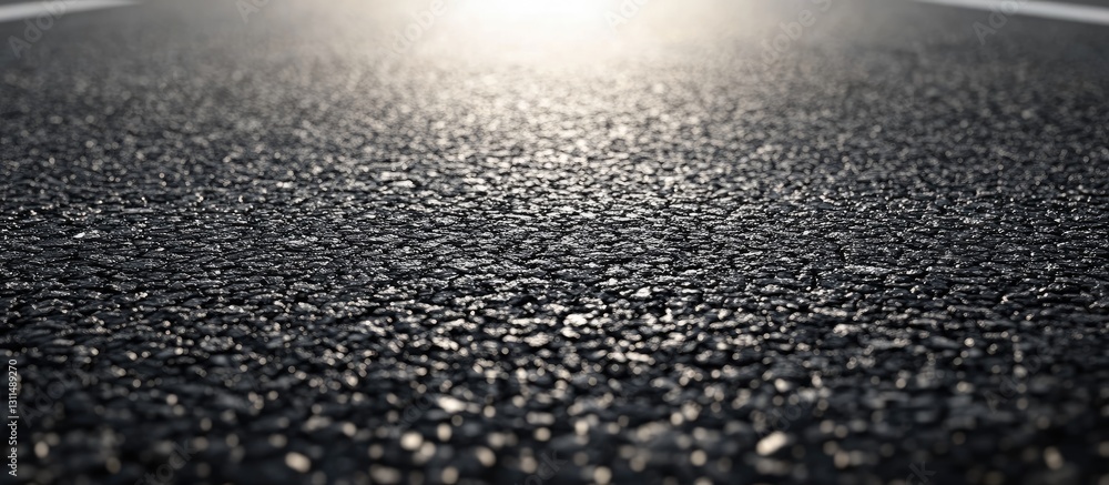 Leinwandbilder Detailed close-up of a textured black asphalt road surface with a soft light glow in the background creating a sense of depth and perspective.