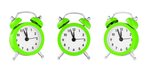 classic watch, pointer clock, green color alarm watch on isolated white background close up