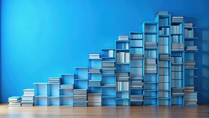 A Serene Study  Ascending Blue Bookcases Filled with Varied Literature Against a Vibrant Wall