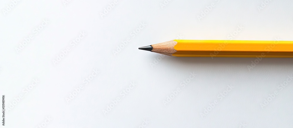 Aufkleber Yellow pencil positioned diagonally against a clean white notebook background offering ample copy space for text or images on the left side.