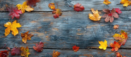 Vibrant autumn leaves in shades of red, orange, and yellow scattered on aged grey wooden planks creating a seasonal textured background.