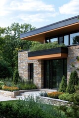Modern stone house surrounded by greenery with landscaped garden, showcasing contemporary architectural design in a serene natural environment during daylight