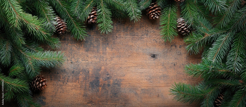 Poster Fluffy green pine tree branches with pine cones framing an old rustic wooden table creating a winter holiday theme top view with copy space