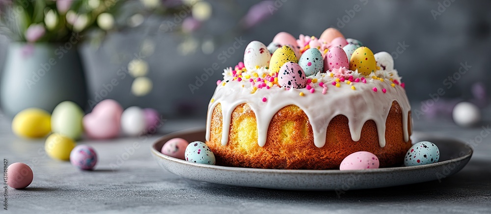 Aufkleber easter cake on a grey plate with white icing and colorful candy eggs topped with sprinkles, surround