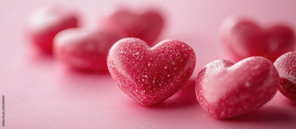 Poster Heart-shaped candies in vibrant red with sparkling sugar, arranged in a close-up macro shot on a soft pink background showcasing selective focus.
