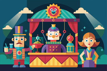 Naklejka premium A lively puppet show area displays whimsical characters ready for an entertaining performance, Puppet show Customizable Flat Illustration