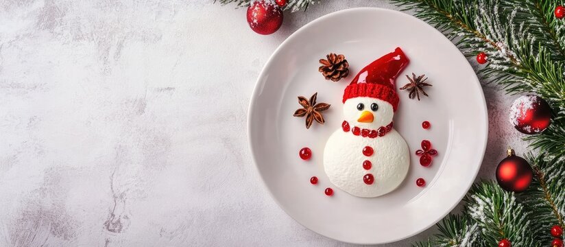 Christmas dessert snowman crafted from marshmallow and fruit jelly on a white plate with red decorations and fir branches on a light background - Powered by Adobe