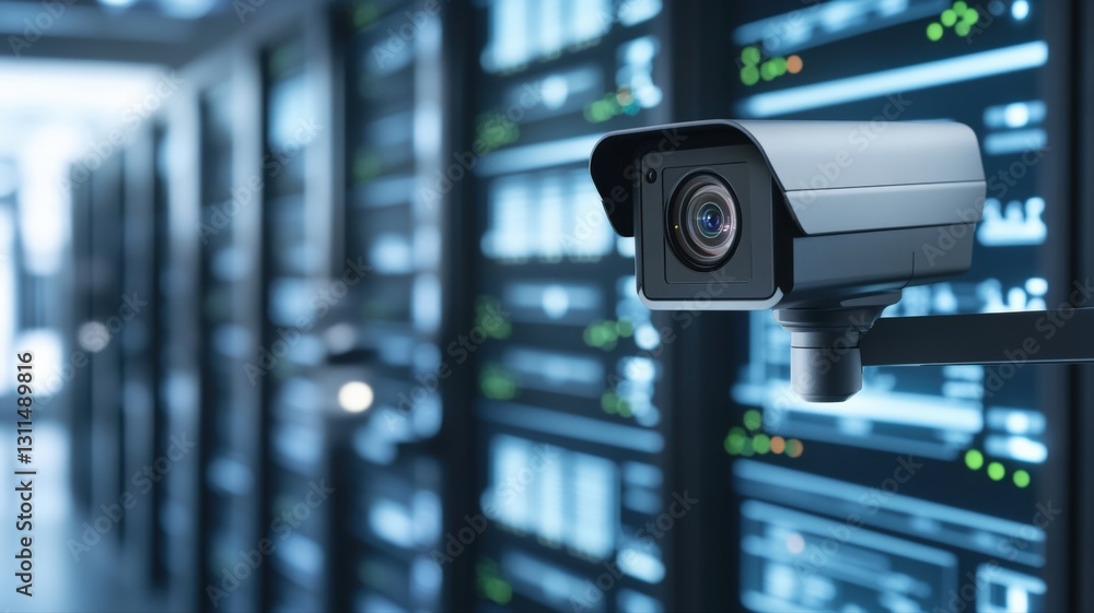 Poster security camera monitors server room, representing data surveillance and cybersecurity.