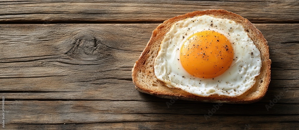 Poster Fried egg on toasted bread with a golden yolk on a rustic wooden surface in a horizontal flat lay setting with ample copyspace on the side
