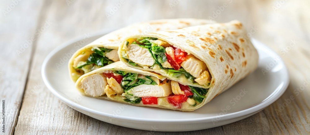 Poster nutritious chicken salad wrap with spinach and tomatoes displayed on a white plate against a rustic 