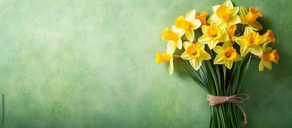 Poster vibrant yellow daffodils arranged in a bouquet on a textured green craft paper background with twine