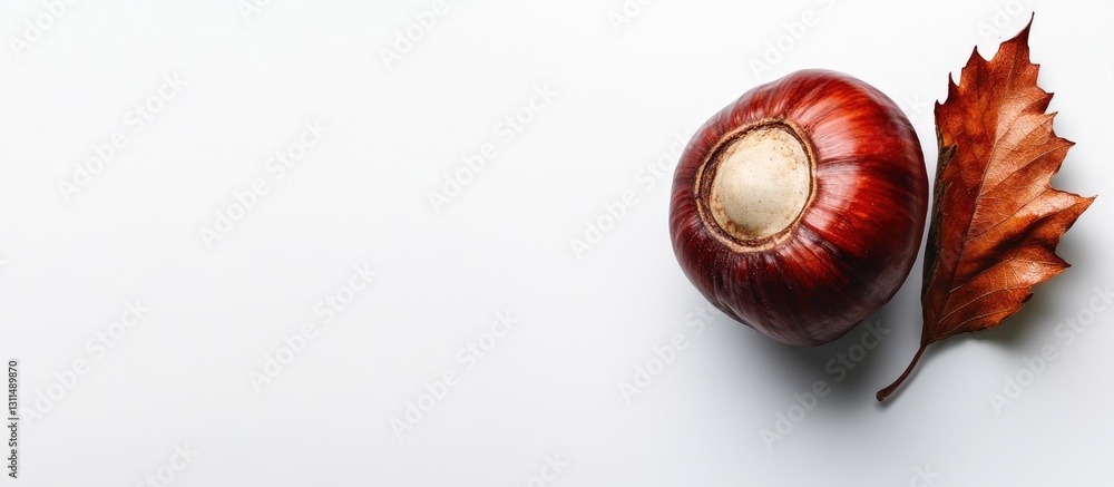 Poster chestnut with glossy reddish-brown shell positioned in top left corner alongside dried brown oak lea
