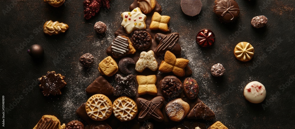 Poster Deliciously arranged cookies and candies forming a festive Christmas tree on a dark textured background with a sprinkle of flour on the surface.