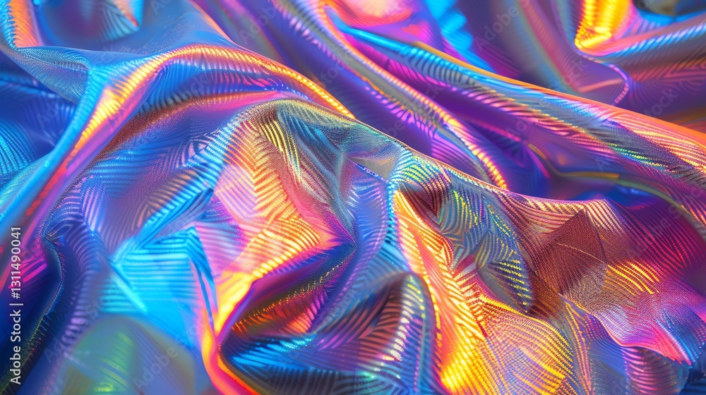Poster close-up of iridescent fabric with a grid pattern and bright colors.