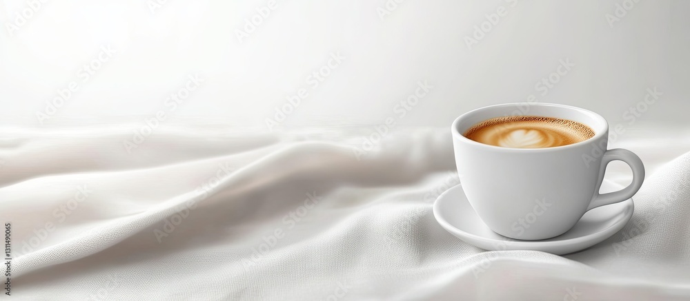 Poster cup of coffee on white saucer placed on light gray textured fabric with a gentle latte art design ag