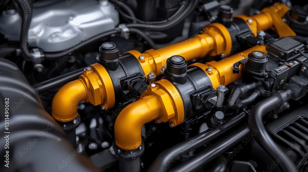 Poster maintenance technical efficiency process concept. close-up of engine components with orange pipes an