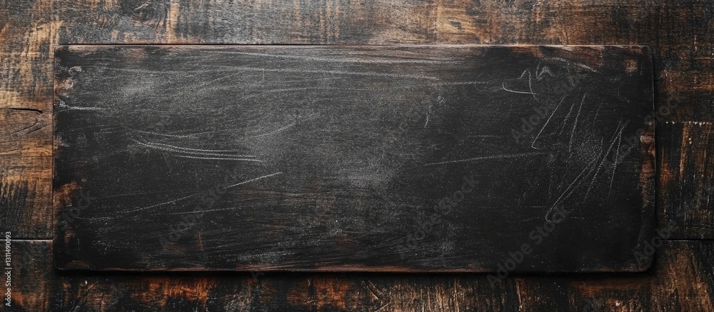 Aufkleber Chalkboard on rustic wooden background with visible chalk marks and ample copyspace for text placement in top view composition