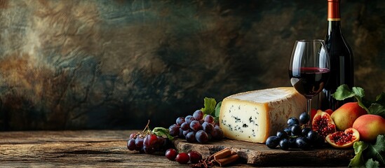 Rustic cheese and saperavi wine setting featuring suluguni cheese with dark green background, wine bottle, grapes, and figs on a wooden table.