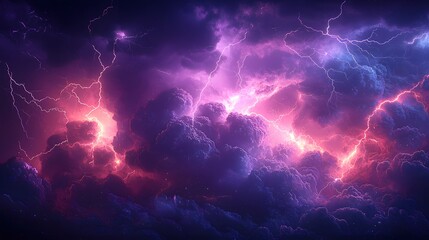 A dramatic stormy sky with dark thunderclouds and bright lightning strikes.
