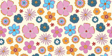 70s retro groovy floral seamless pattern. Flower power. Spring and summer meadow. Retro revival vibes. Background, digital paper, wallpaper. Vintage. Vector.