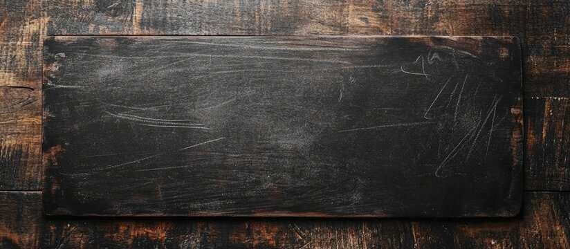Chalkboard on rustic wooden background with visible chalk marks and ample copyspace for text placement in top view composition