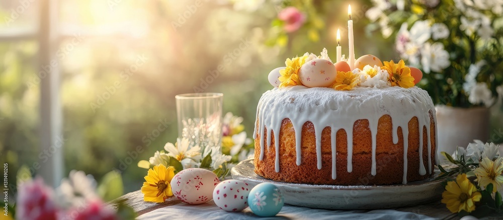 Poster easter cake with white icing and candle placed on rustic table surrounded by colorful eggs and flowe