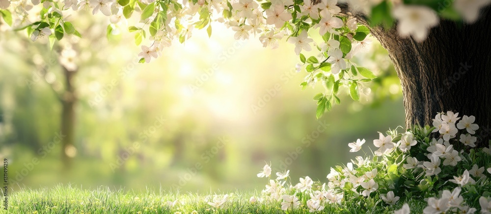 Poster blossoming tree with white flowers in foreground and soft green background sunlight creating a seren