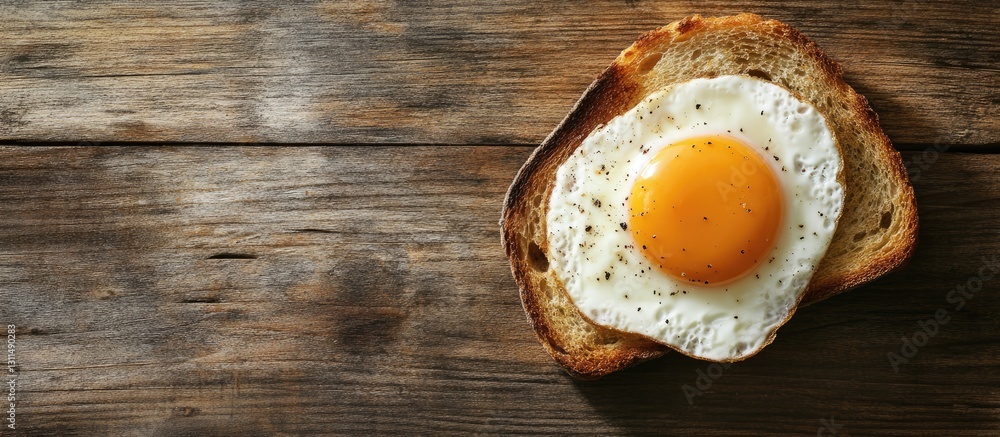 Poster Fried egg on toasted bread with a vibrant golden yolk placed on rustic wooden background with ample copyspace in horizontal flat lay orientation
