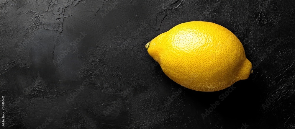 Poster fresh lemon positioned on a textured black surface in the lower right corner showcasing vibrant yell