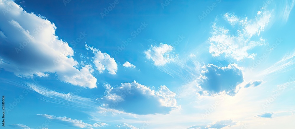 Aufkleber Bright blue sky background featuring soft white clouds gently scattered throughout the upper section with ample copyspace in the center for text usage.