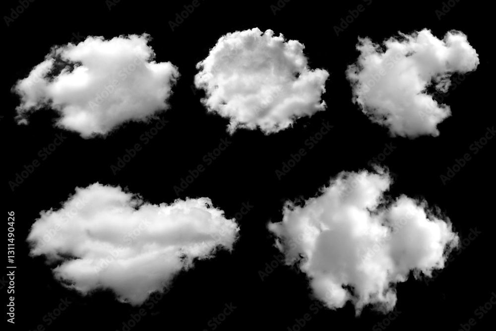 Wall mural isolated cloud collection on black background. set of different types of clouds. design. fog. haze. 