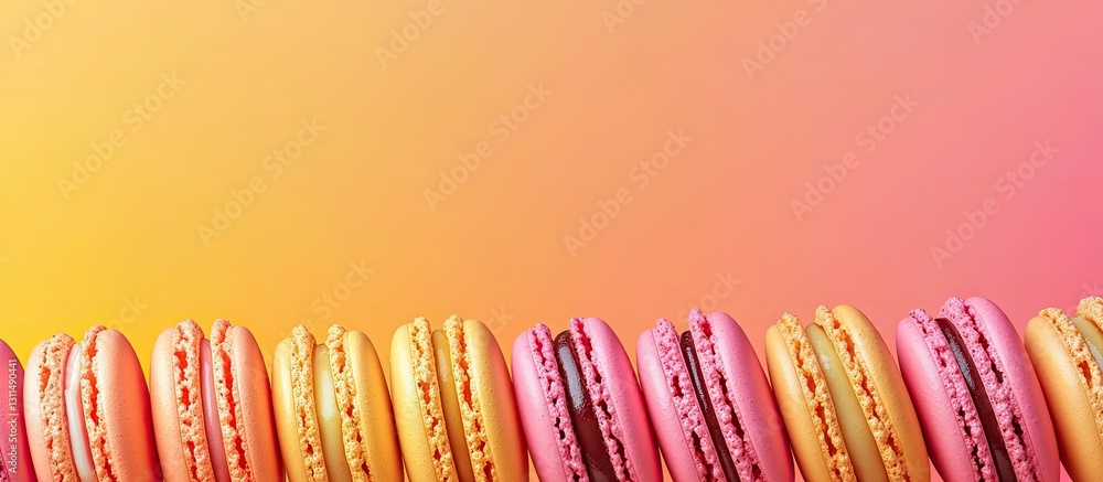 Poster Rows of colorful macaroons in shades of pink and yellow against a soft gradient background creating inviting copyspace on the right side
