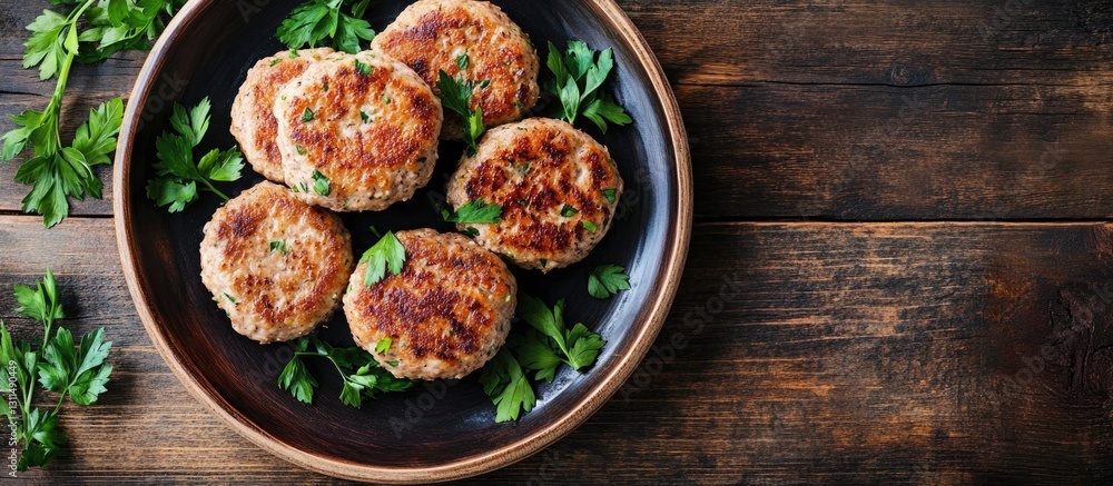 Poster buckwheat cutlets on dark wooden plate with fresh parsley scattered around on rustic table top view 