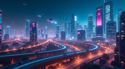 A Futuristic Metropolis At Night, Glowing With Vibrant Neon Lights And Sleek, Elevated Roadways, Showcasing Flying Vehicles In A Breathtaking, Stylized Cityscape