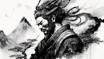 刀を持っている侍の水墨画