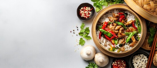 Diverse Asian food ingredients with a bamboo steamer and colorful vegetables arranged on a light surface, featuring bowls of spices and herbs.