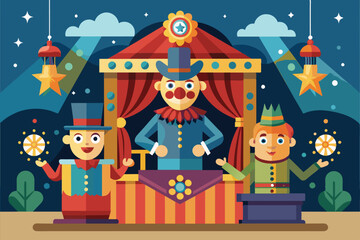 Naklejka premium A vibrant puppet show set with three performers and captivating decorations, ready for an entertaining evening, Puppet show Customizable Flat Illustration