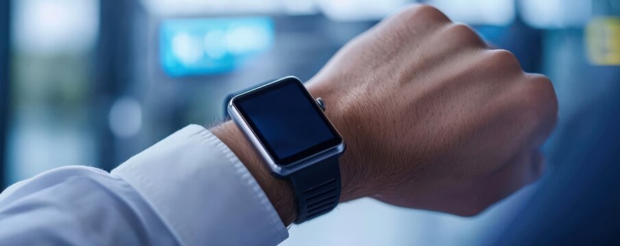 maintenance technical efficiency process concept. Smartwatch on a wrist in a modern environment.