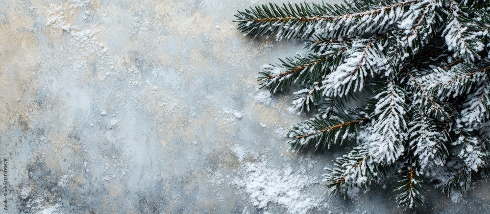 Aufkleber snow-covered christmas fir tree branch positioned in the top left corner against a textured stone ba