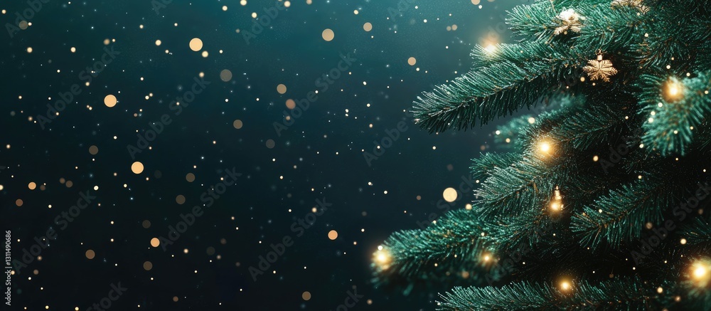 Poster christmas tree with sparkling lights on the right side against a dark green background, featuring sn