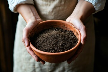 Nourishing Earth: A close-up shot showing a person holding a bowl of fertile soil in a close-up.