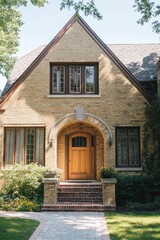 Obraz premium Nestled in a charming suburban neighborhood, this stunning brick house boasts elegant architectural details and is surrounded by a flourishing garden.
