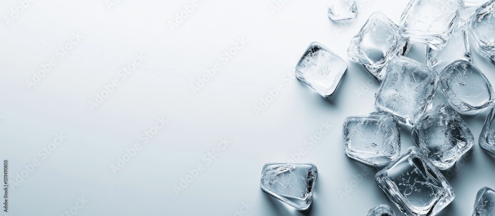 Aufkleber Clear ice cubes scattered on a smooth light gray surface with a soft focus on the background creating a clean and refreshing atmosphere