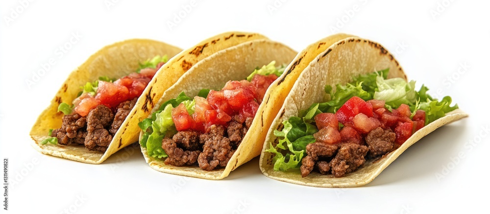 Poster Delicious beef tacos arranged in a row with vibrant green lettuce and red salsa, set against a clean white background for a fresh presentation.
