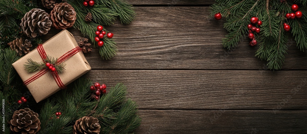 Poster festive arrangement of christmas tree branches with pine cones red berries and a gift box on rustic 