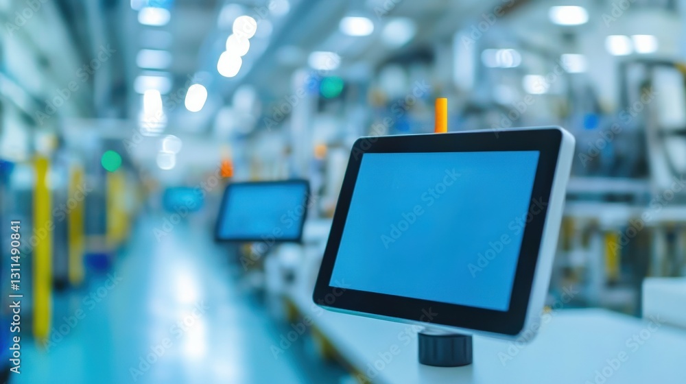 Poster maintenance technical efficiency process concept. industrial setting with touchscreen devices on a p